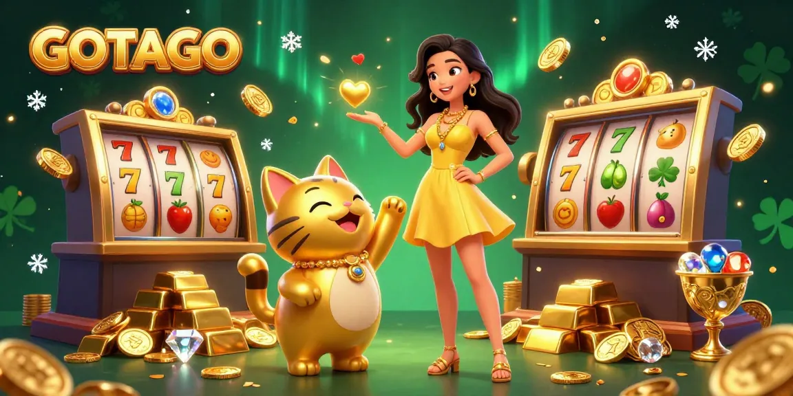 Rasakan kemenangan yang mendebarkan dengan GOTOTO di adegan kasino yang penuh warna dengan gulungan slot dan harta karun emas.