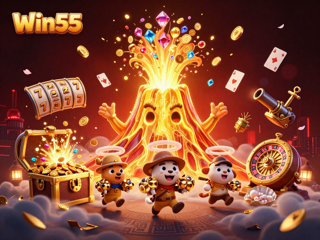 Win55 showcases a vibrant casino scene with a golden volcano, treasure, and slot reels igniting excitement.