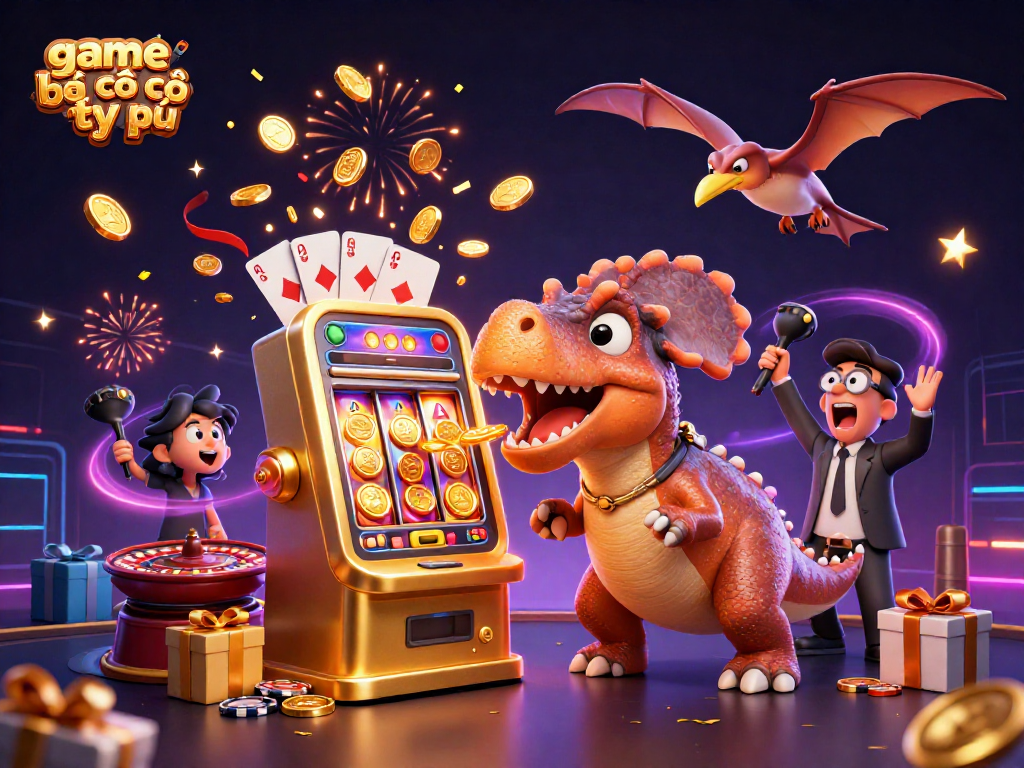 Experience the excitement with the game bài cờ tỷ phú, featuring a dynamic casino scene of dinosaurs and winnings.