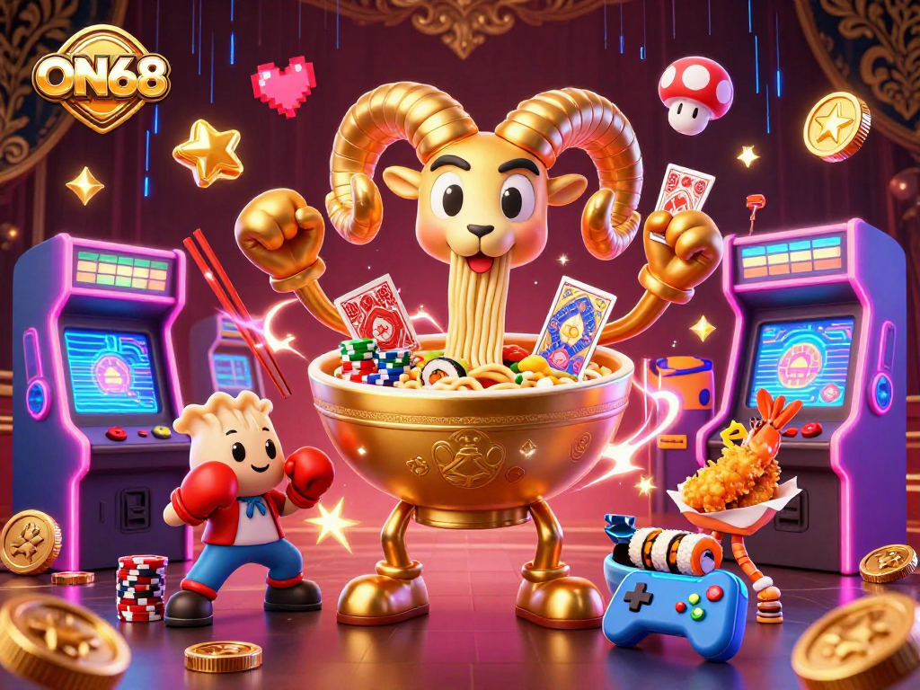 Experience thrilling gameplay at ON68 with a vibrant 3D casino scene featuring unique characters and energetic elements.