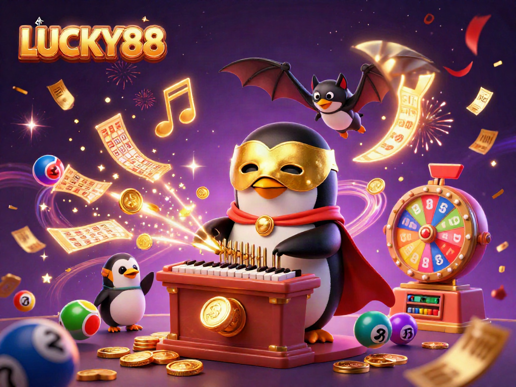 Engage with the LUCKY88 online casino experience as golden coins rain from a fantastical cartoon scene.