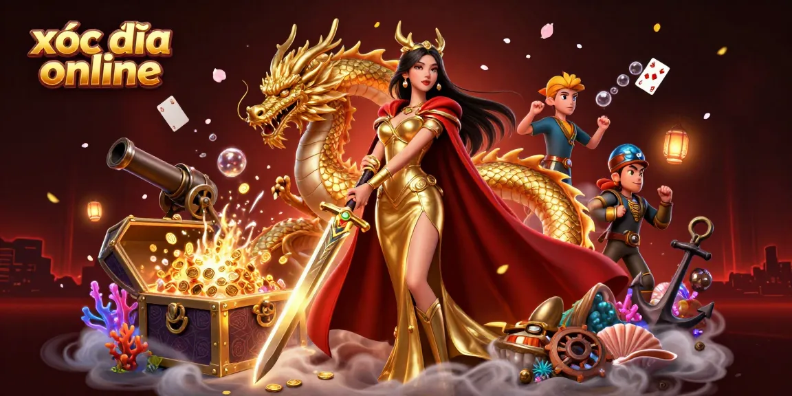 Experience the thrill of xóc đĩa online with a warrior queen and vibrant casino elements in an action-packed scene.