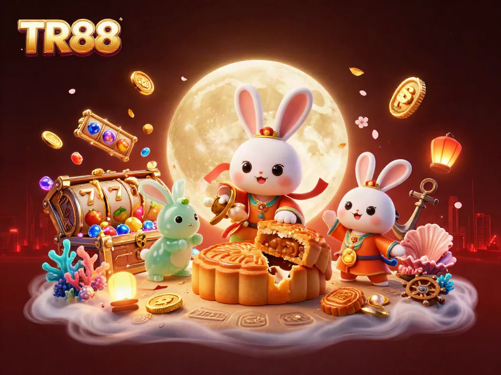 Experience excitement with TR88 as the moon rabbit reveals poker chip treasures amidst vibrant slot reels.