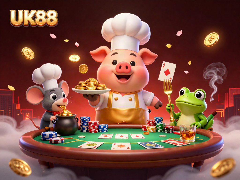 Experience thrilling gaming at UK88 with a chef pig serving golden coins on a dynamic poker table.