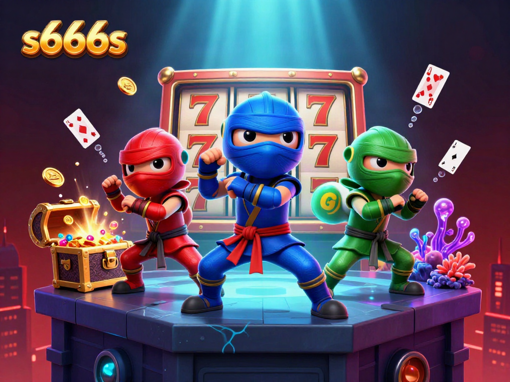 Synchronized martial arts chameleons showcase s666s gaming elements, capturing excitement in an energizing casino scene.
