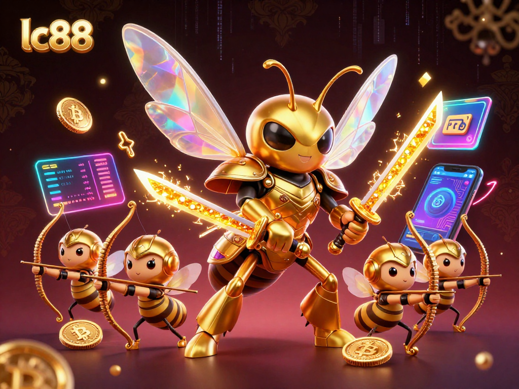 Engage in thrilling gameplay at lc88 with a vibrant 3D casino scene featuring golden hornets and crypto elements.