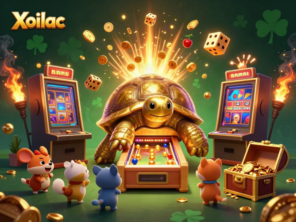 Xoilac's vibrant online gaming scene showcases a colossal golden tortoise and slot machine with exciting winnings.