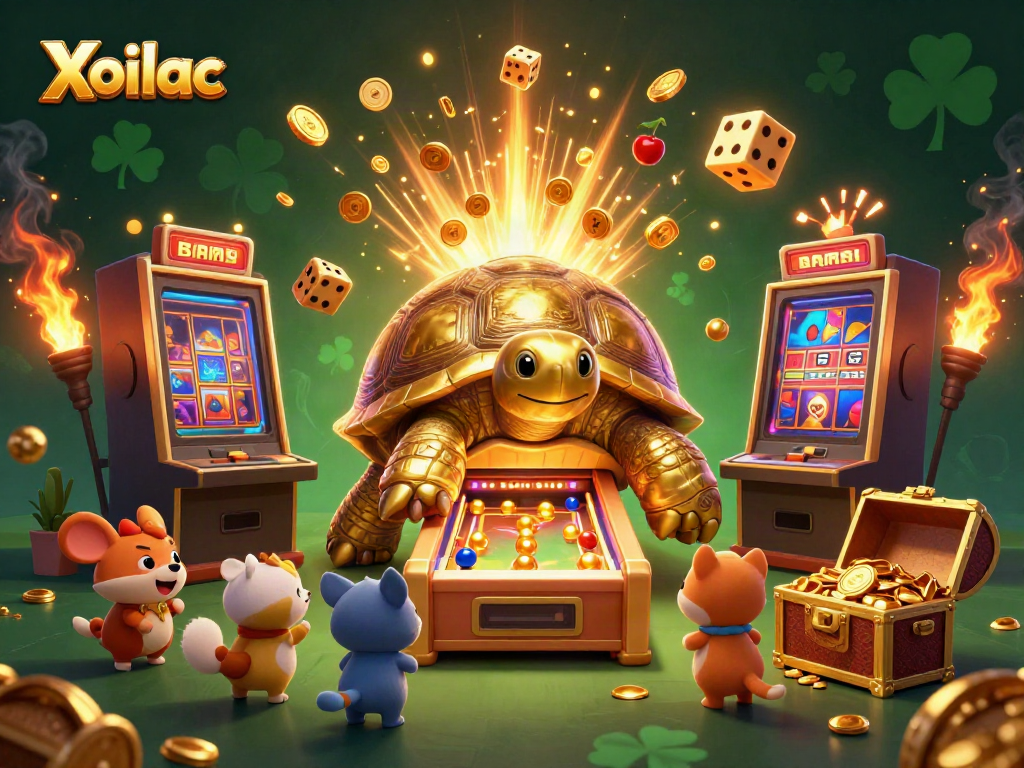 Xoilac's vibrant online gaming scene showcases a colossal golden tortoise and slot machine with exciting winnings.