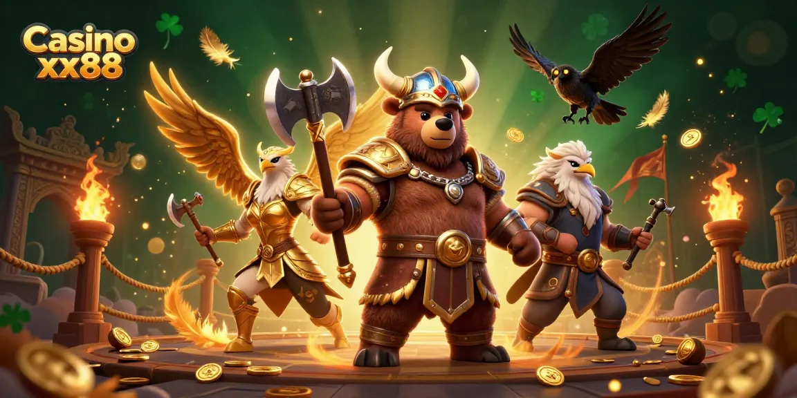 Engage with Casino xx88 featuring a Viking bear and Valkyrie eagle in a vibrant 3D casino scene.