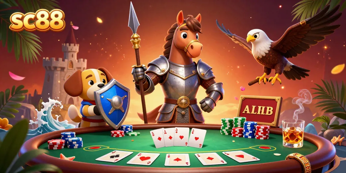 Experience the excitement of sc88 with a knight, puppy, and falcon at a lively poker table.