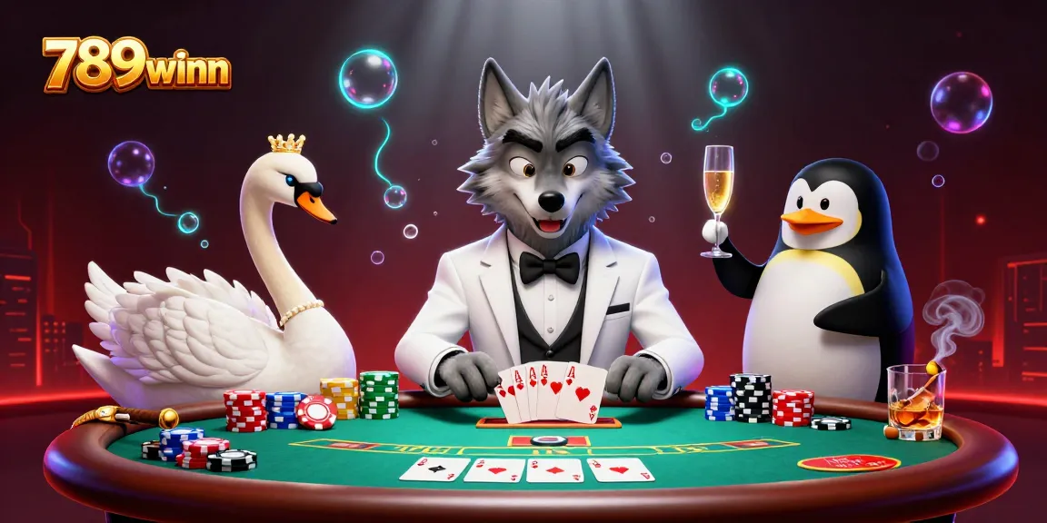 Experience high-stakes gaming at 789winn with an elegant 3D casino scene featuring a wolf, swan, and penguin.