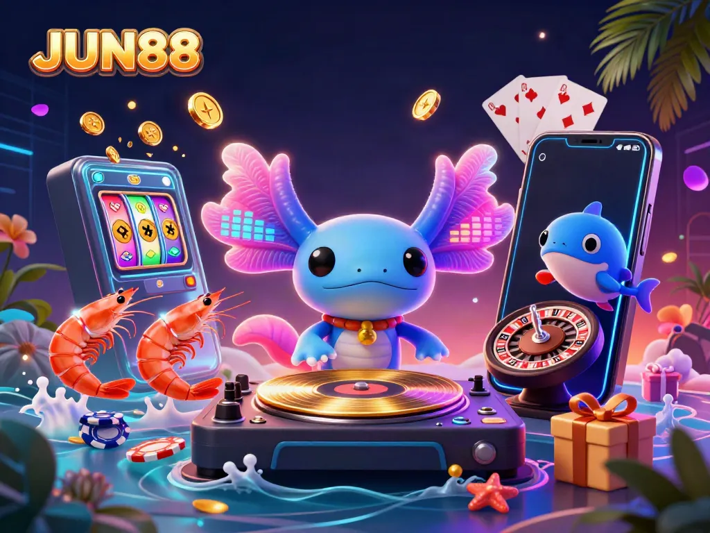 Experience the thrills of JUN88 gaming with a neon party scene featuring playful characters and vibrant casino elements.