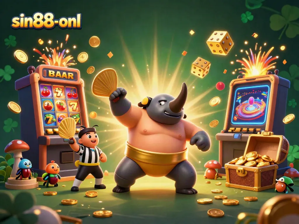 Experience thrilling gameplay at sin88-onl with a vibrant scene featuring a cartoon beetle champion, coins flying, and a jackpot explosion.