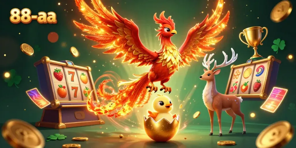 Play slots with excitement at 88-aa featuring a phoenix and casino elements dynamically around it.