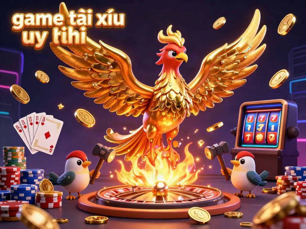 Experience the excitement of game tài xỉu uy tín with dynamic casino elements and a golden phoenix emerging.