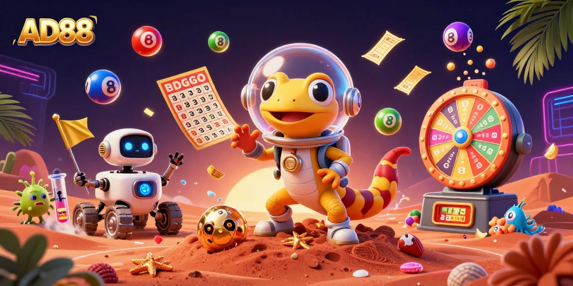 Experience the thrill of gambling with AD88 at a golden Martian casino surrounded by vibrant game elements.
