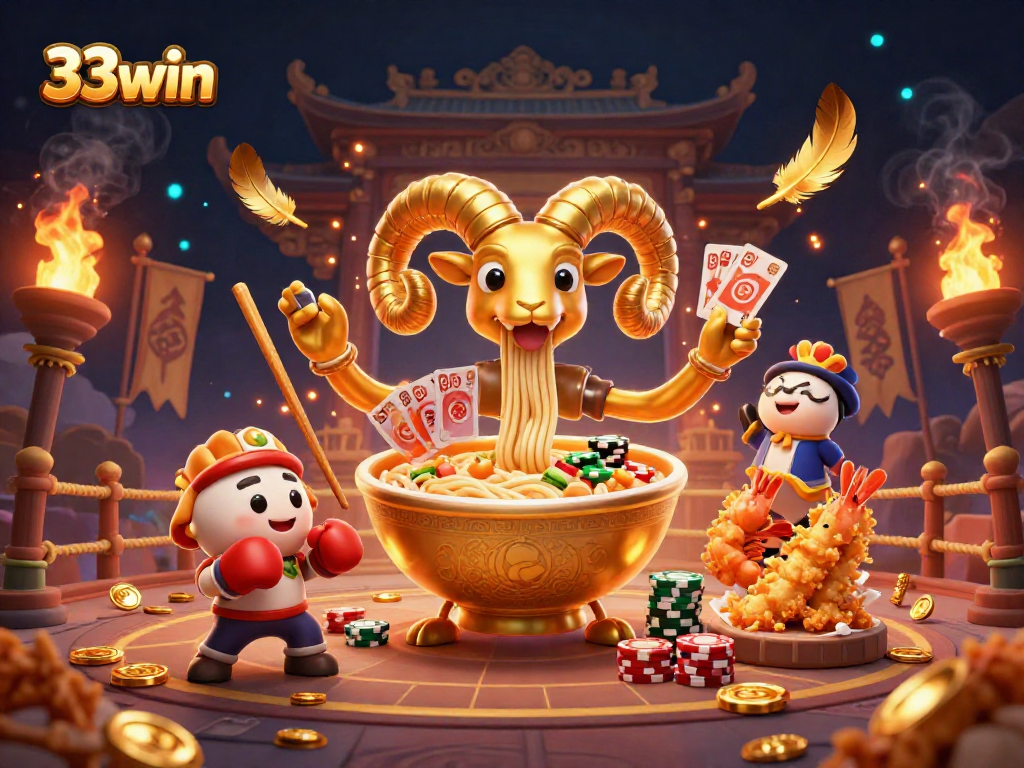 Engage in lively gameplay with 33win's energetic casino scene featuring dynamic characters and vibrant elements.