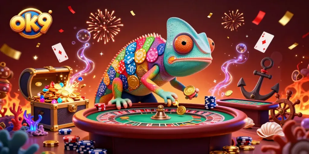 Engaging illustration of ok9 chameleon casino owner amidst vibrant gaming and treasure elements.