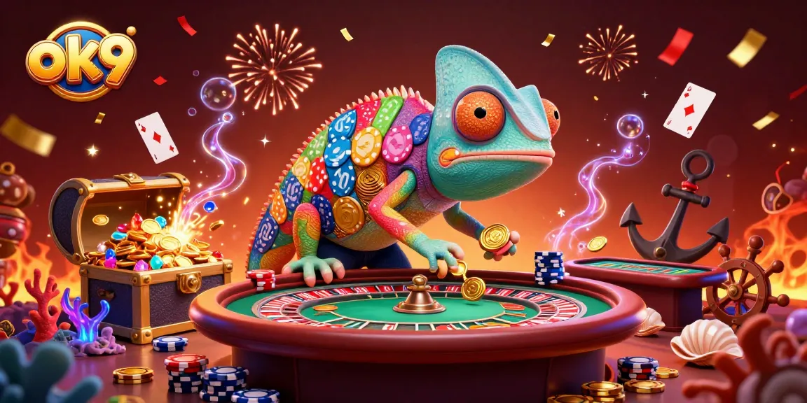Engaging illustration of ok9 chameleon casino owner amidst vibrant gaming and treasure elements.