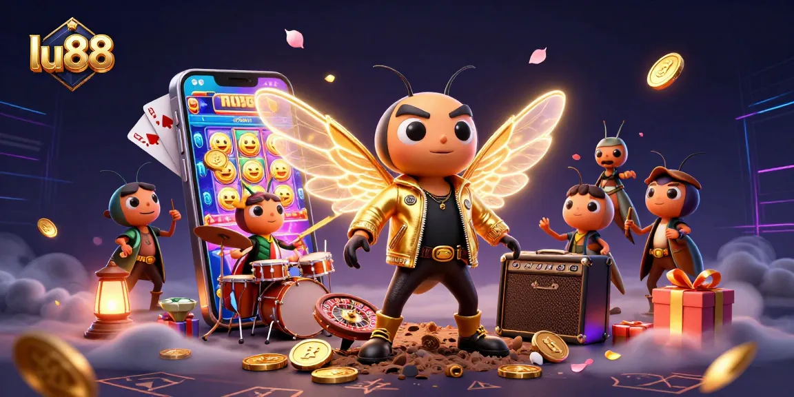 Spin the reels at lu88 with a vibrant 3D rockstar scene packed with casino elements.