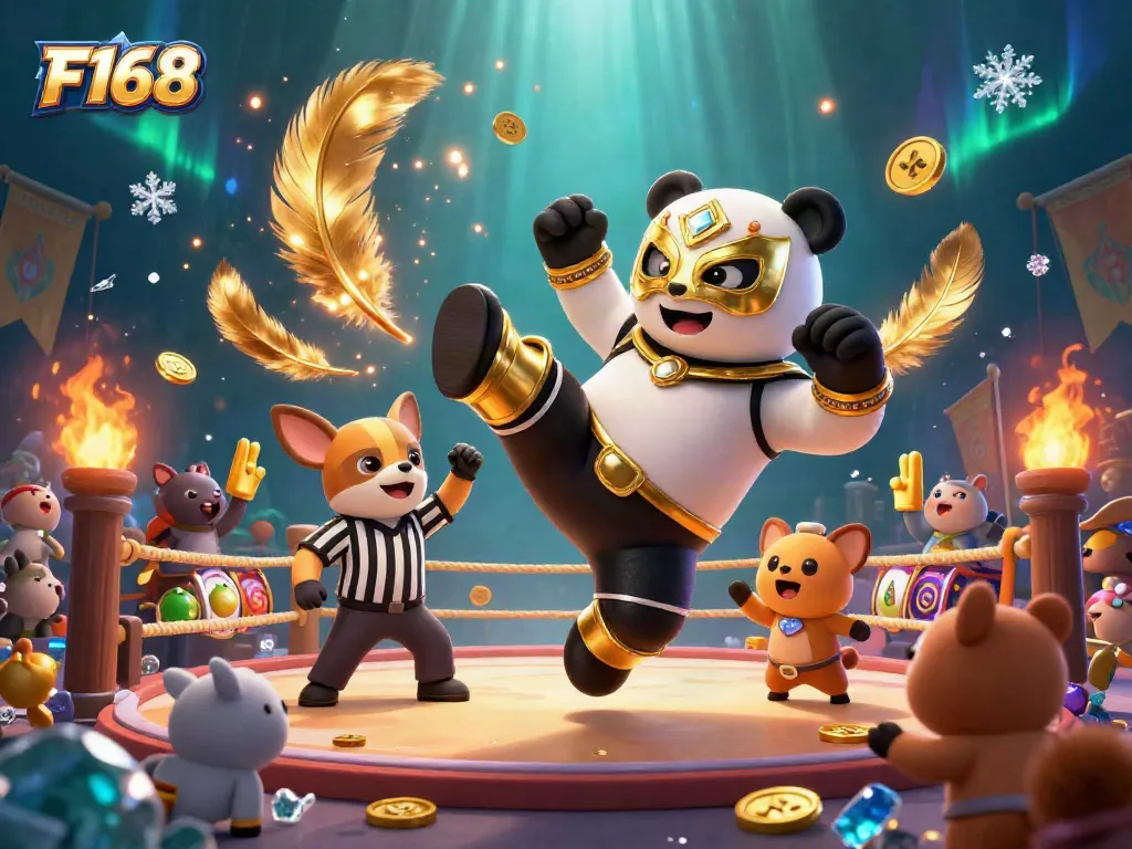 Exciting F168 slot game scene featuring a panda wrestler and a referee with vibrant casino elements.