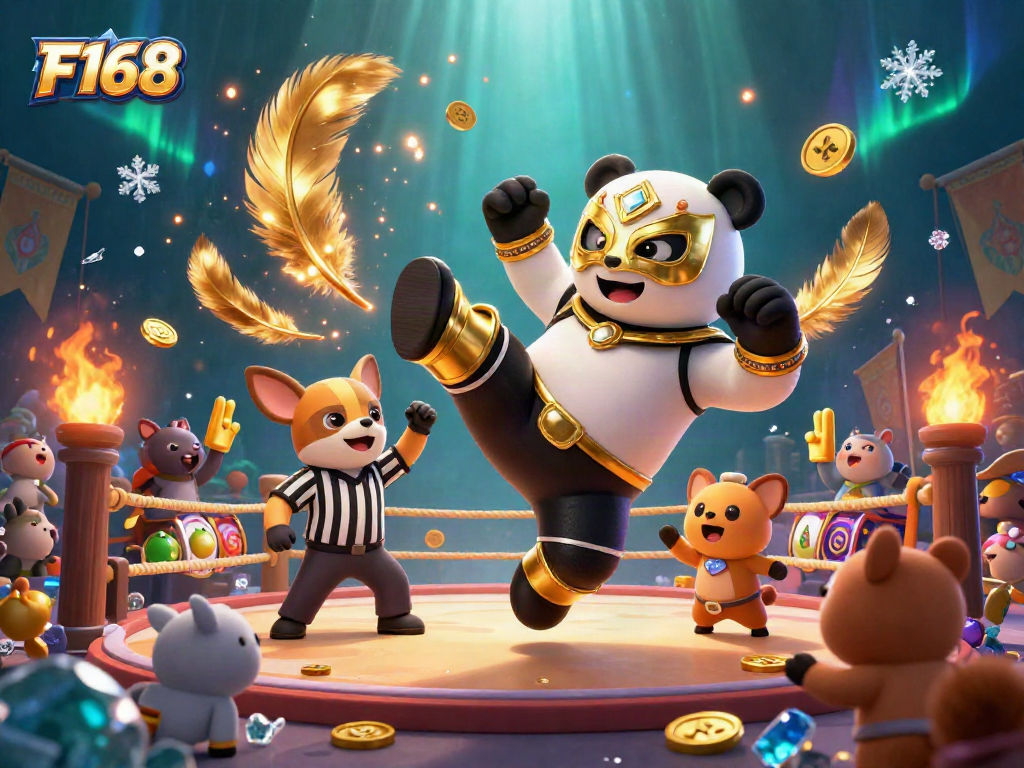 Exciting F168 slot game scene featuring a panda wrestler and a referee with vibrant casino elements.