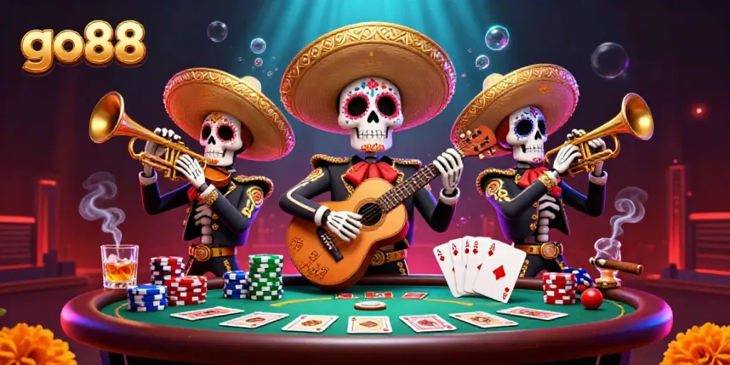 Experience vibrant gameplay with go88, featuring animated skeleton mariachi and dynamic casino elements.