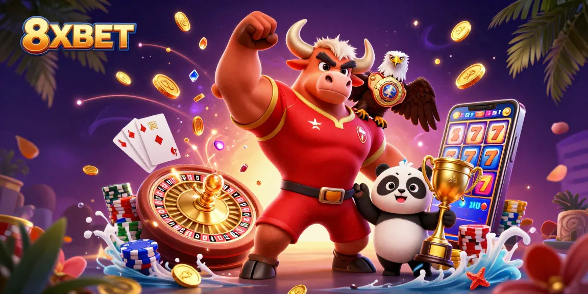 Engage with 8XBET's immersive casino experience featuring vibrant characters and dynamic game elements.