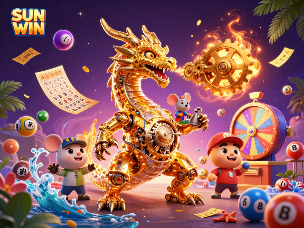 Catch thrilling wins with SUN WIN as the golden dragon and vibrant lottery elements come alive in a dynamic casino scene.