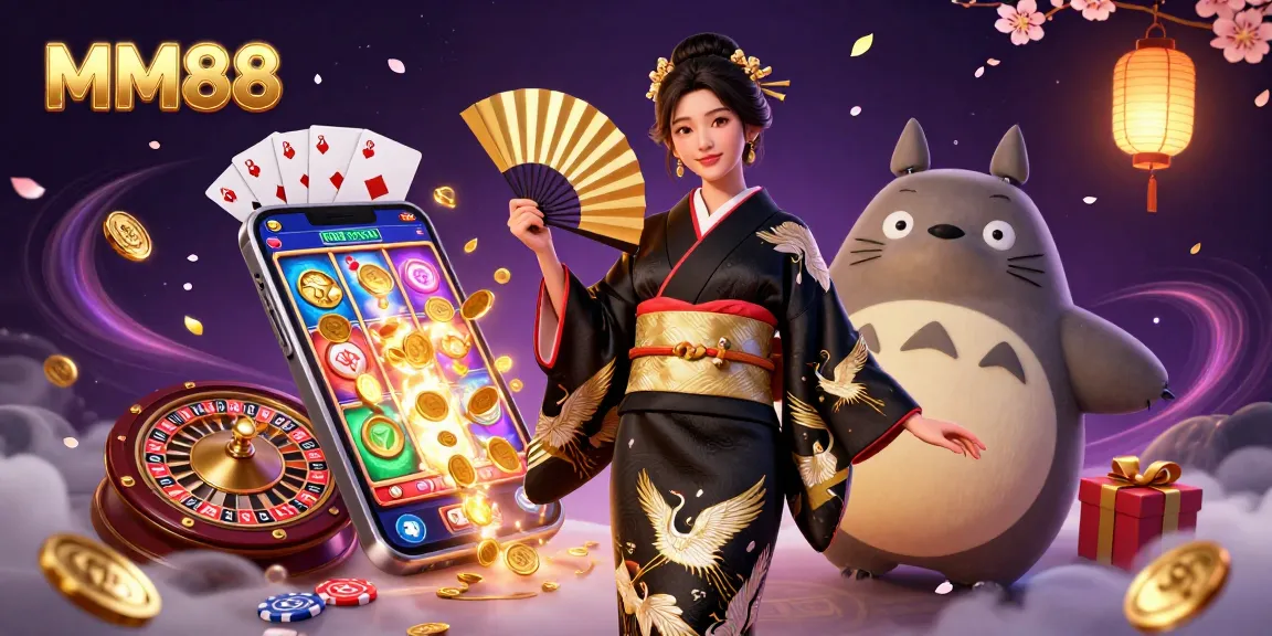 Win big with MM88 in a lively casino illustration showcasing exciting slot games and vibrant characters.