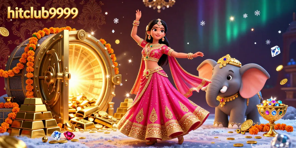 Experience the dynamic world of hitclub9999 with a vibrant scene depicting an Asian woman in a Bollywood pose amidst sparkling treasures.