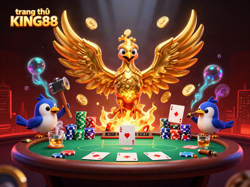 Engage in thrilling gameplay at trang chủ KING88 with a stunning golden phoenix emerging from a poker scene.