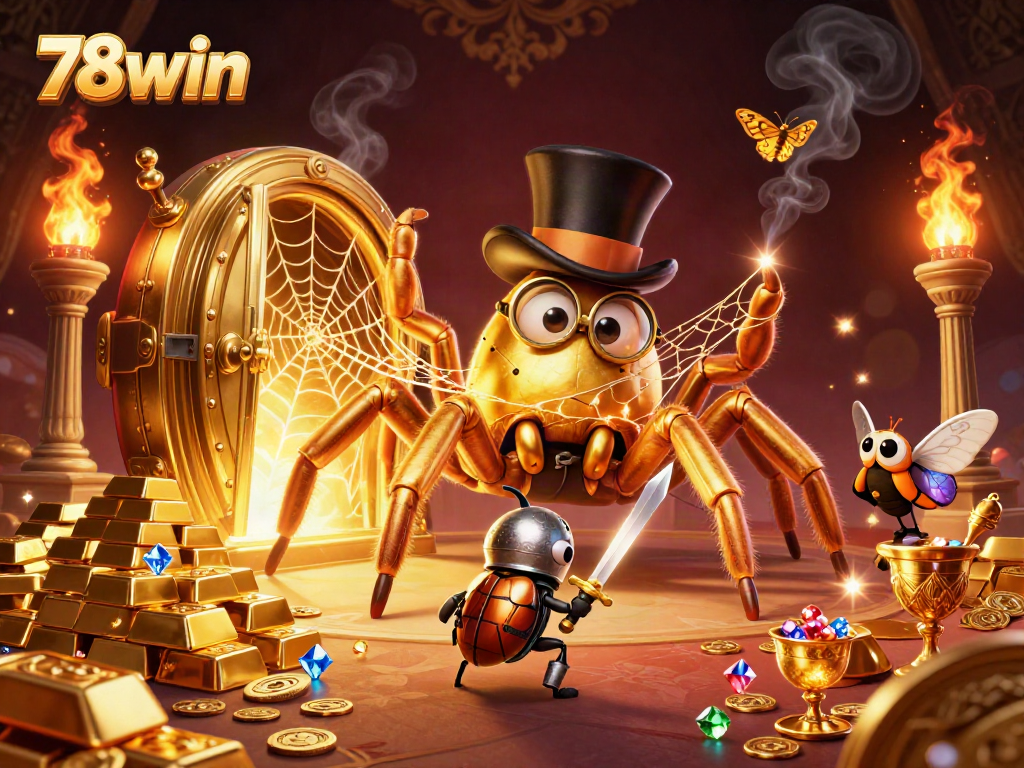 Experience 78win challenges with a golden tarantula and beetle knight in an enchanting casino world.