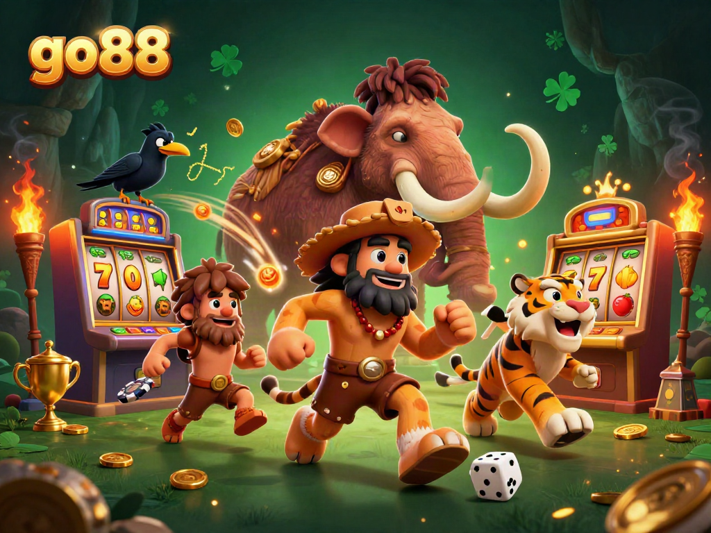 Experience excitement at go88 with a colorful prehistoric casino scene featuring unique characters and slot machines.