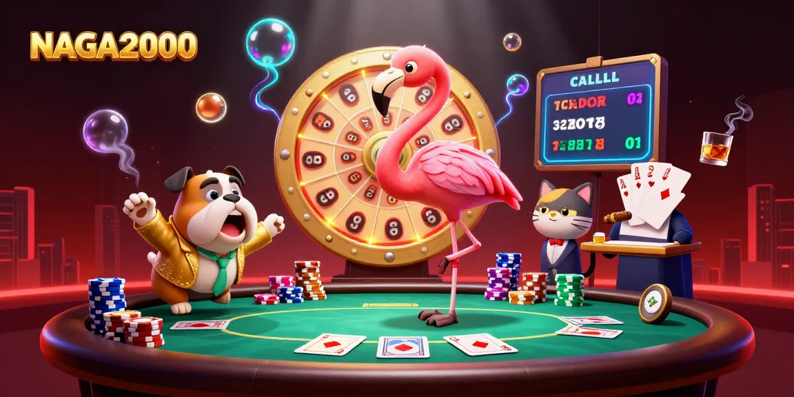 Keceriaan NAGA2000 yang dipersembahkan oleh pembawa acara permainan flamingo, kontestan bulldog, dan pengumuman hadiah dalam suasana kasino yang dinamis.