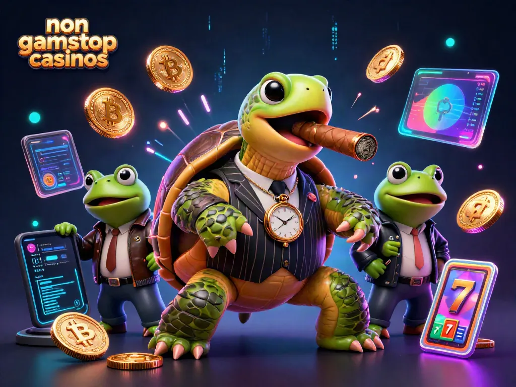 Experience thrilling non gamstop casinos action with a mobster turtle and bullfrog enforcers in a vibrant scene.