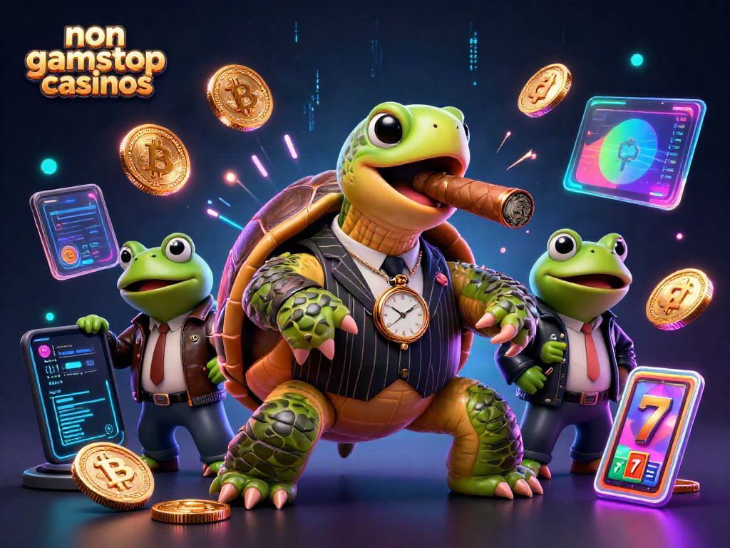 Experience thrilling non gamstop casinos action with a mobster turtle and bullfrog enforcers in a vibrant scene.
