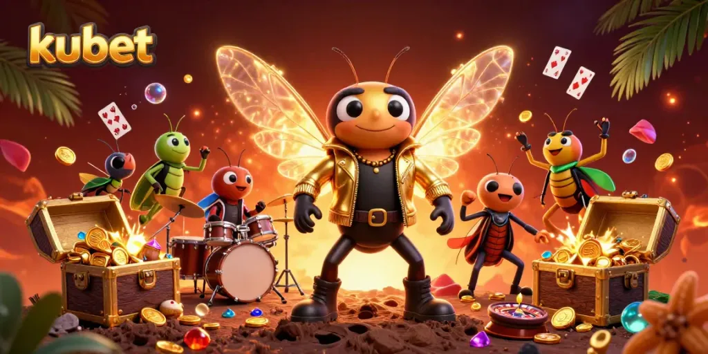 Experience the excitement of kubet with a vibrant casino scene featuring a cicada rock star and friends.
