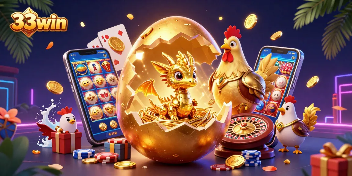 Engage with 33win’s vibrant slot gaming scene featuring a golden dragon and poker elements.