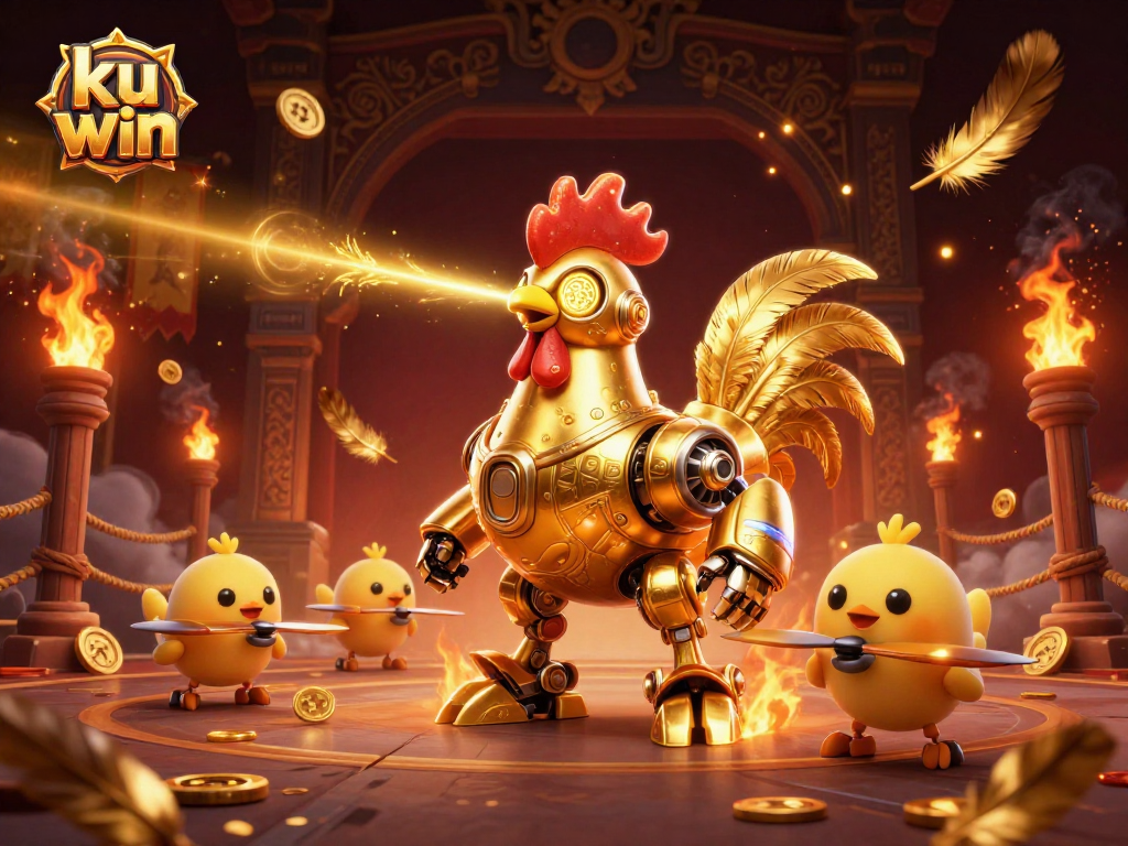 A dynamic illustration showcasing ku win with a golden rooster robot and baby chick drones in a casino-style betting arena.