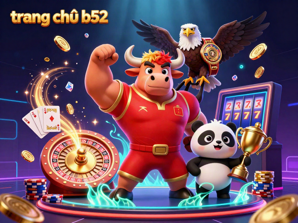 Win big at trang chủ b52 with a joyful celebration scene featuring vibrant characters and casino elements.
