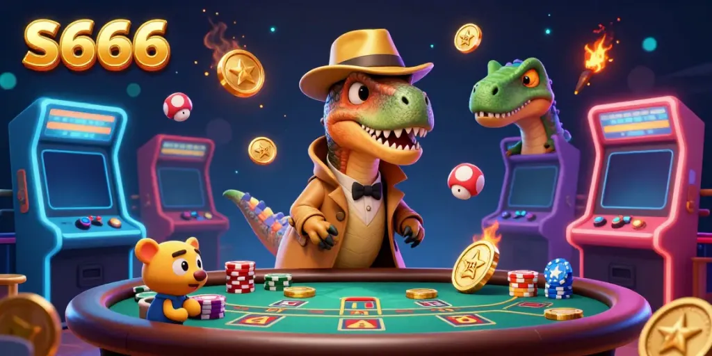 S666 casino scene featuring a velociraptor card counter and stegosaurus pit boss at a blackjack table.