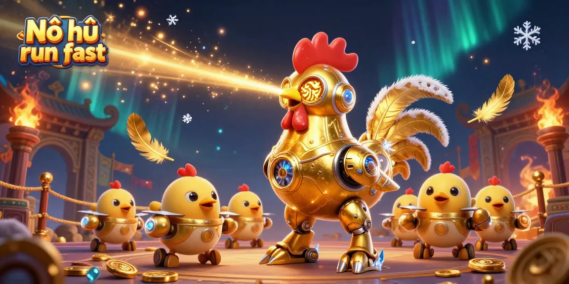 Experience the excitement of Nổ hũ run fast with golden rooster robots and vibrant casino elements!
