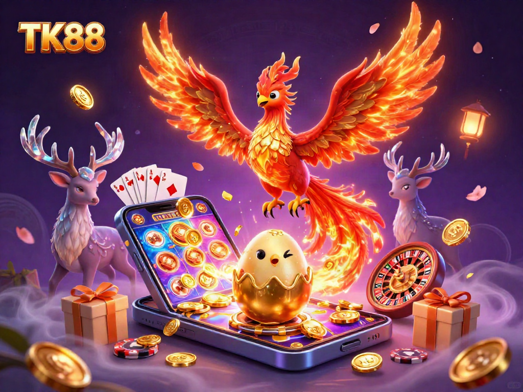 Experience thrilling gaming with TK88, featuring a vibrant phoenix scene and interactive slot elements.