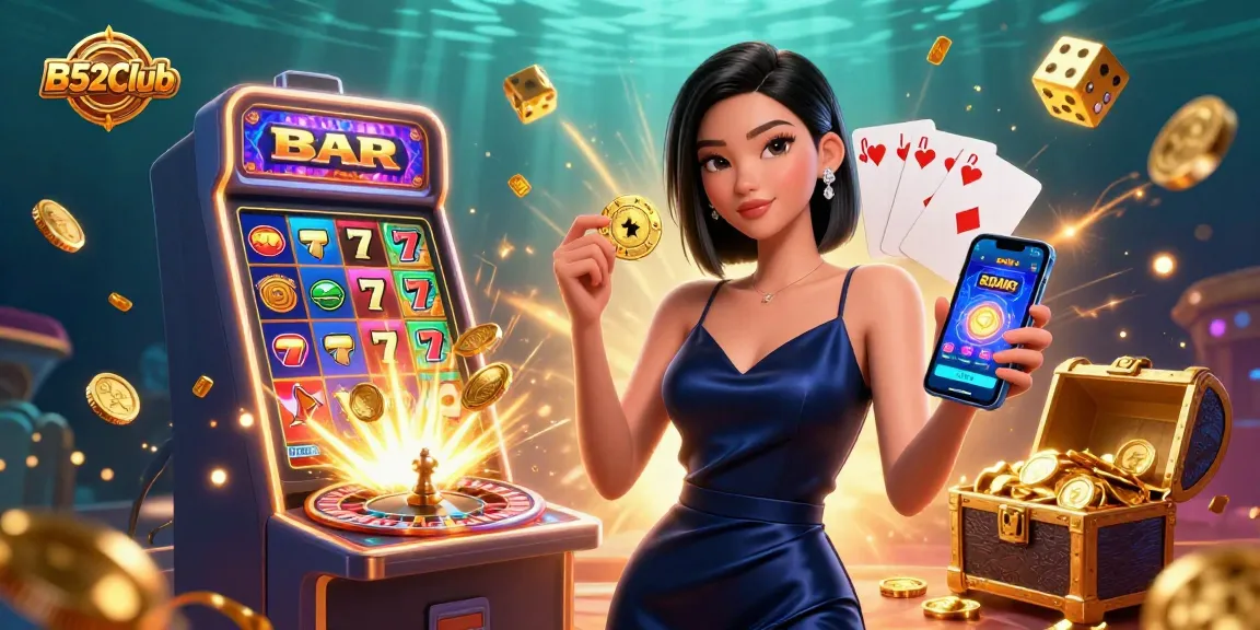 B52Club showcases a stunning Asian woman engaging with a casino app amid a vibrant gaming explosion.