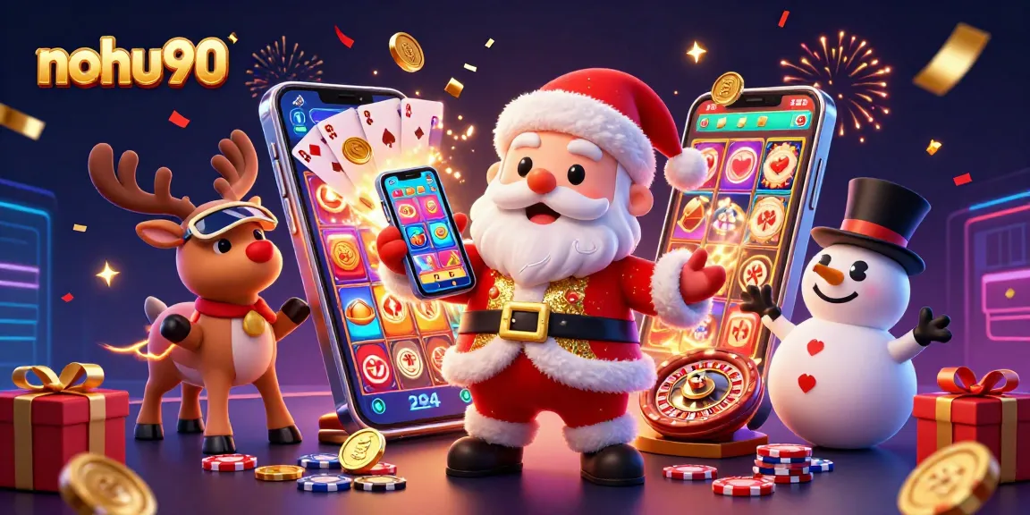 Play exciting slots at nohu90 with a festive Santa, reindeer dealer, and poker chip snowman amidst celebratory fusion