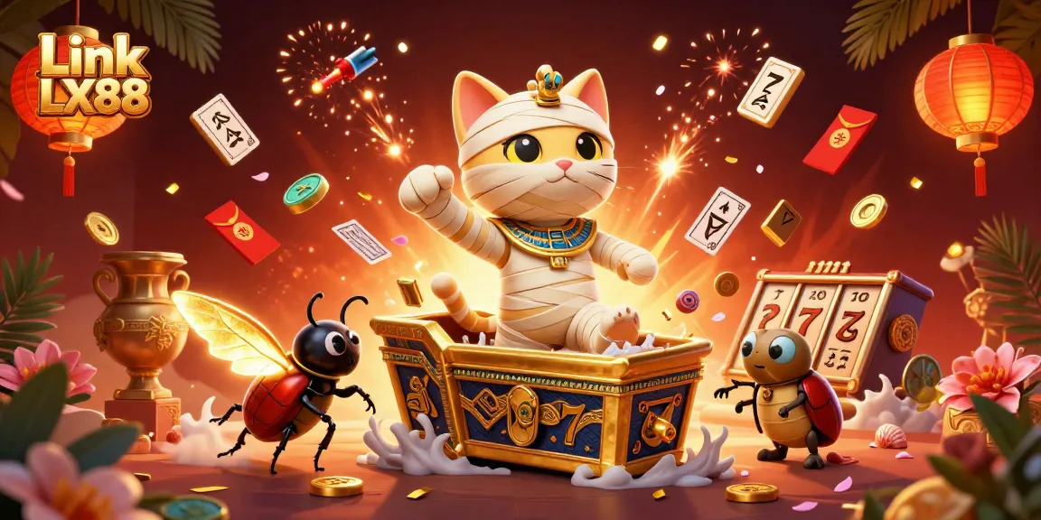 Engage with Link LX88 featuring a 3D mummy cat casino scene showcasing vibrant game elements and rich illustrations.