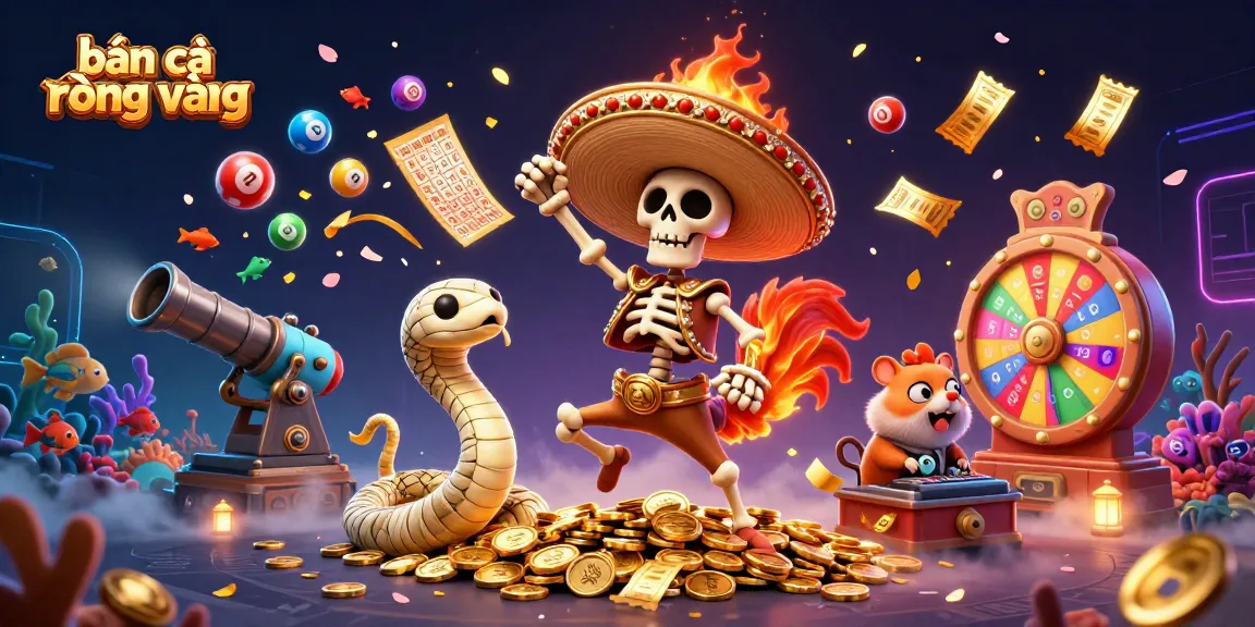 The vibrant 3D scene featuring bắn cá rồng vàng showcases a mariachi rooster, mummy snake, and DJ hamster dancing amid colorful fish tokens and lottery elements.