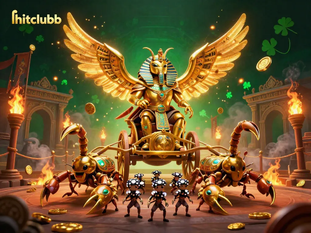 Experience hitclubb's thrilling casino adventures with an epic golden scarab and scorpion chariot scene.