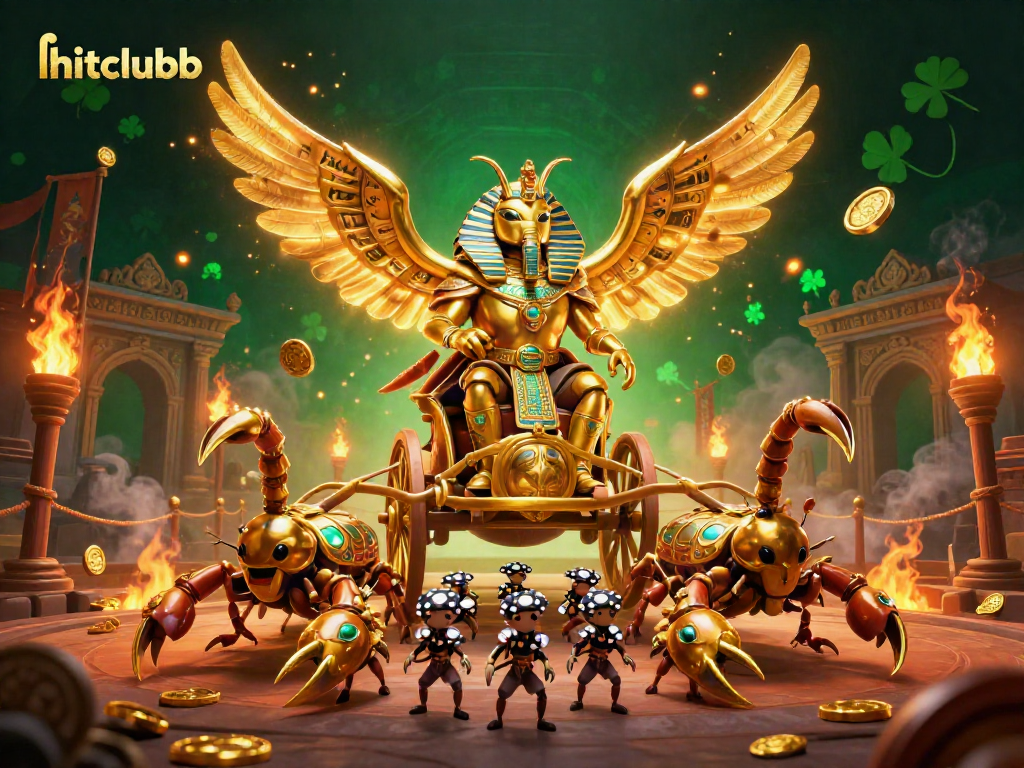 Experience hitclubb's thrilling casino adventures with an epic golden scarab and scorpion chariot scene.